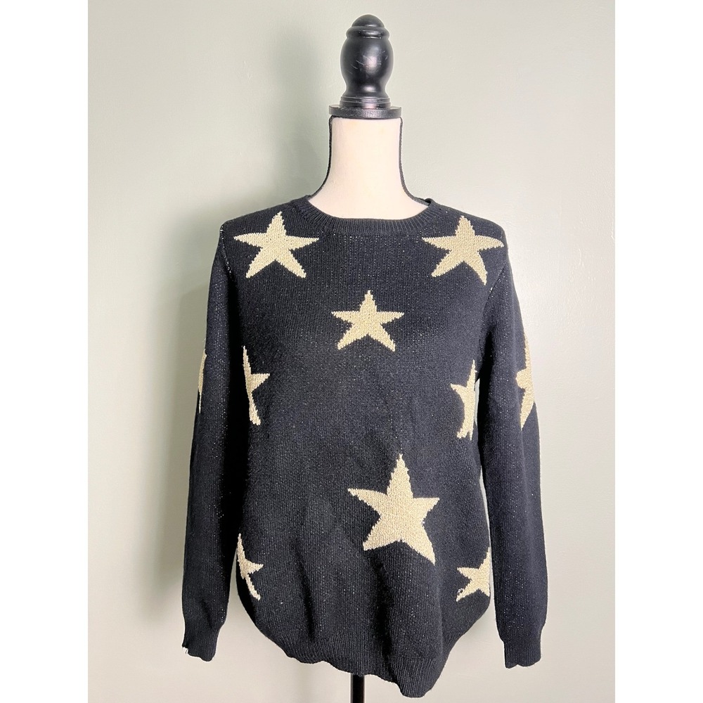 Care of You M/L Black & Gold Star Crewneck Sparkle Knit Sweater Long Sleeve